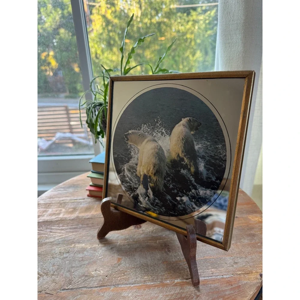Vintage Polar Bear Mirror Art Framed Wildlife Nature Decor 8x8 Gold Tone Frame‎